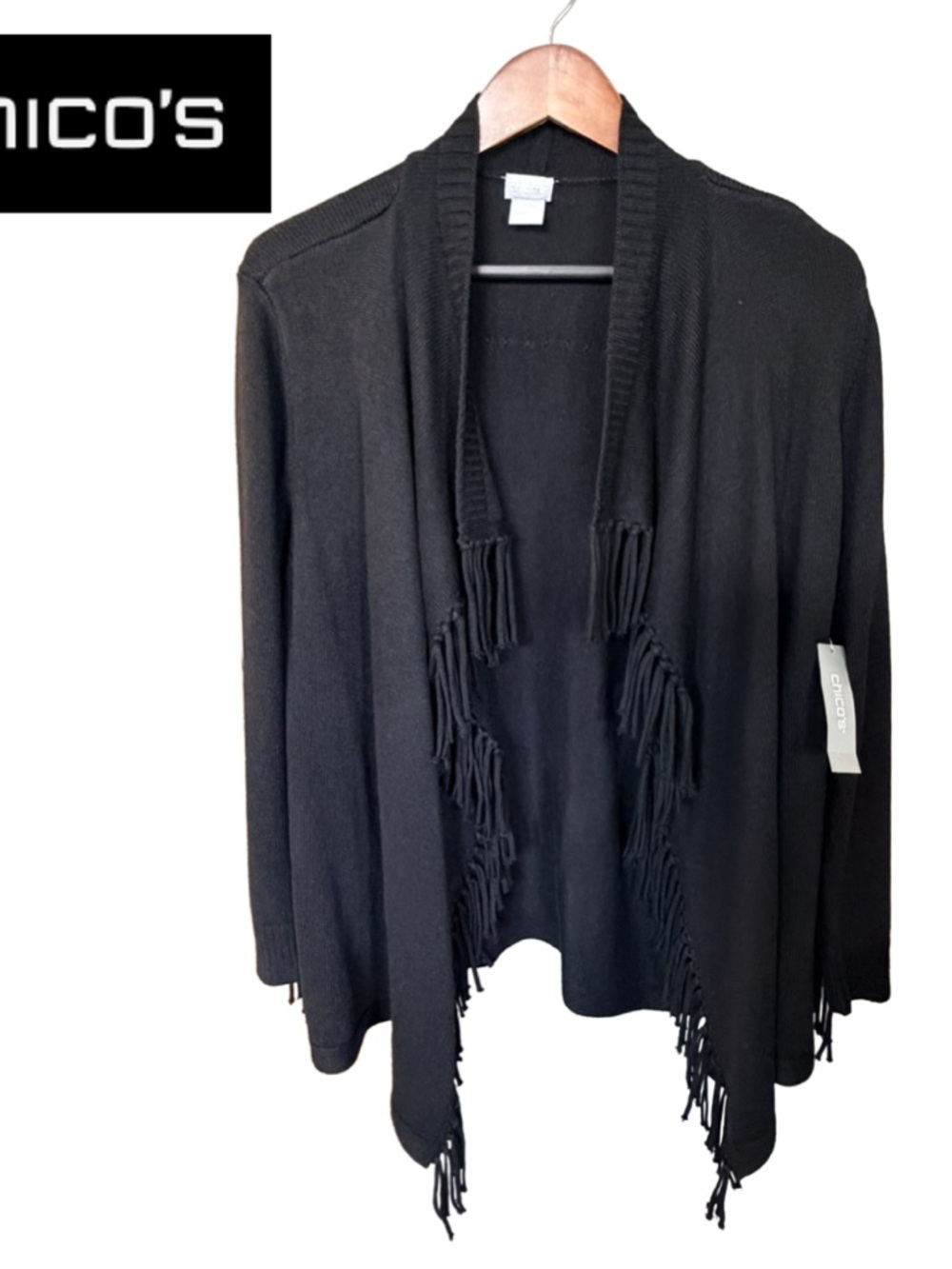 NWT Chico's Black Fringe Open-Front Women's Sweater